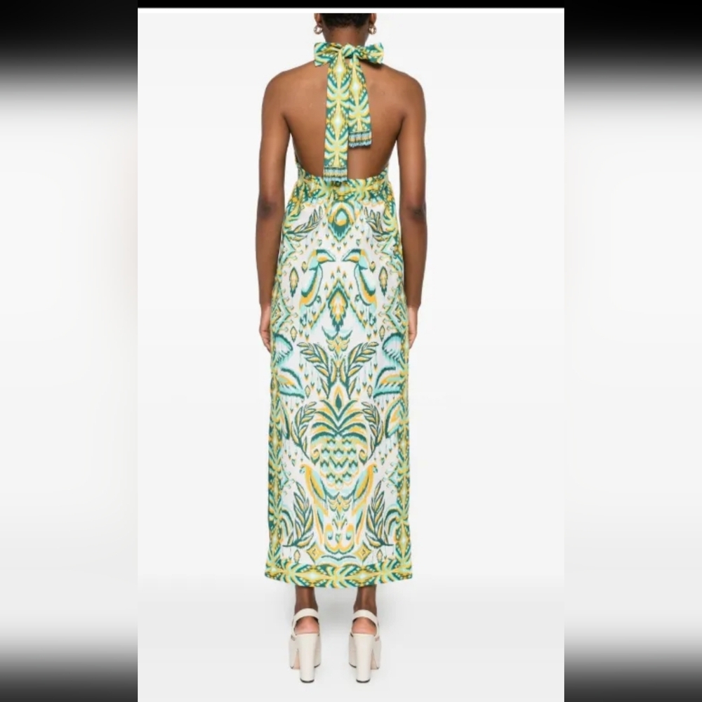 FARM RIO HALTER NECK TROPICAL LINEN MAXI SUNDRESS IN GREEN / SIZE:LARGE - Picture 10 of 16